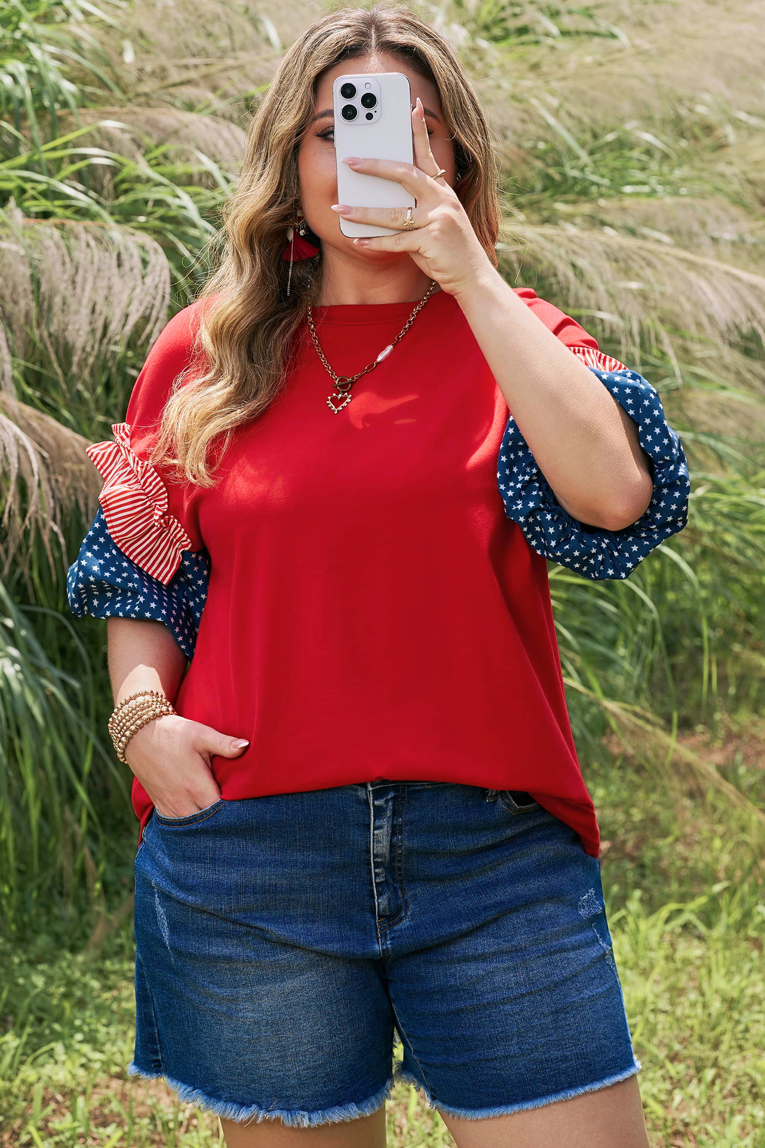 Fiery Red Plus Size Striped Ruffles Star Short Bubble Sleeve Patchwork Top - Image 12