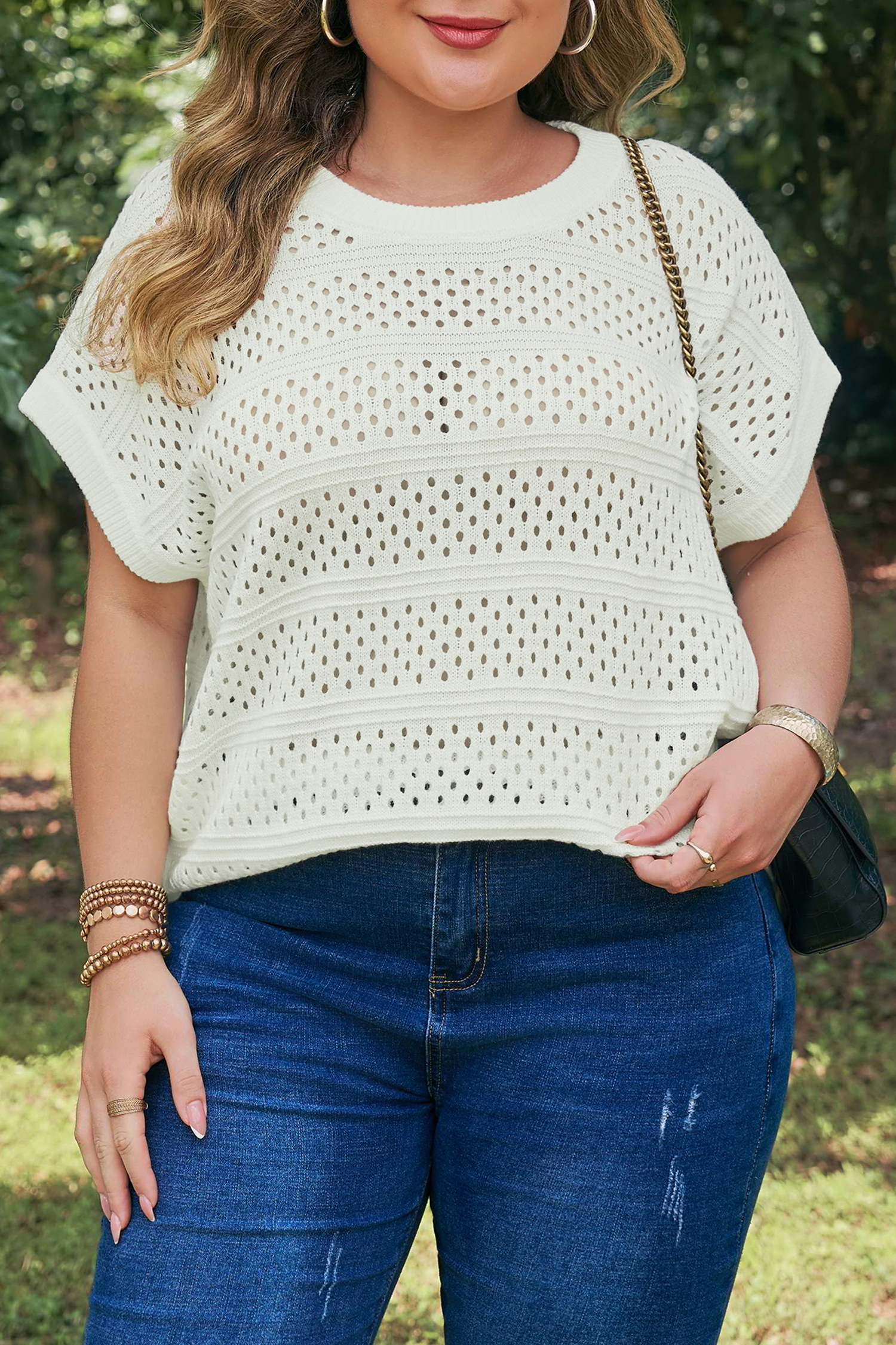 White Plus Size Eyelet Hollow Out Knit Ribbed Trim Short Sleeve Dolman Sweater - Image 16