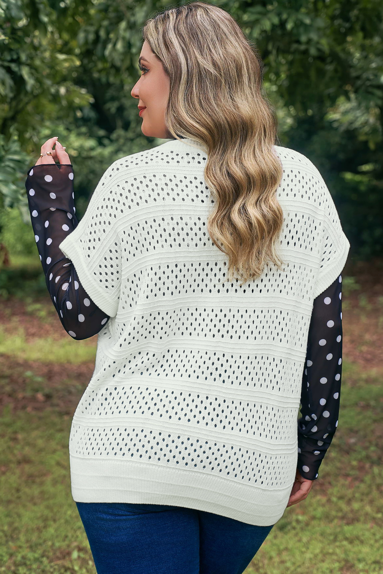 White Plus Size Eyelet Hollow Out Knit Ribbed Trim Short Sleeve Dolman Sweater - Image 14