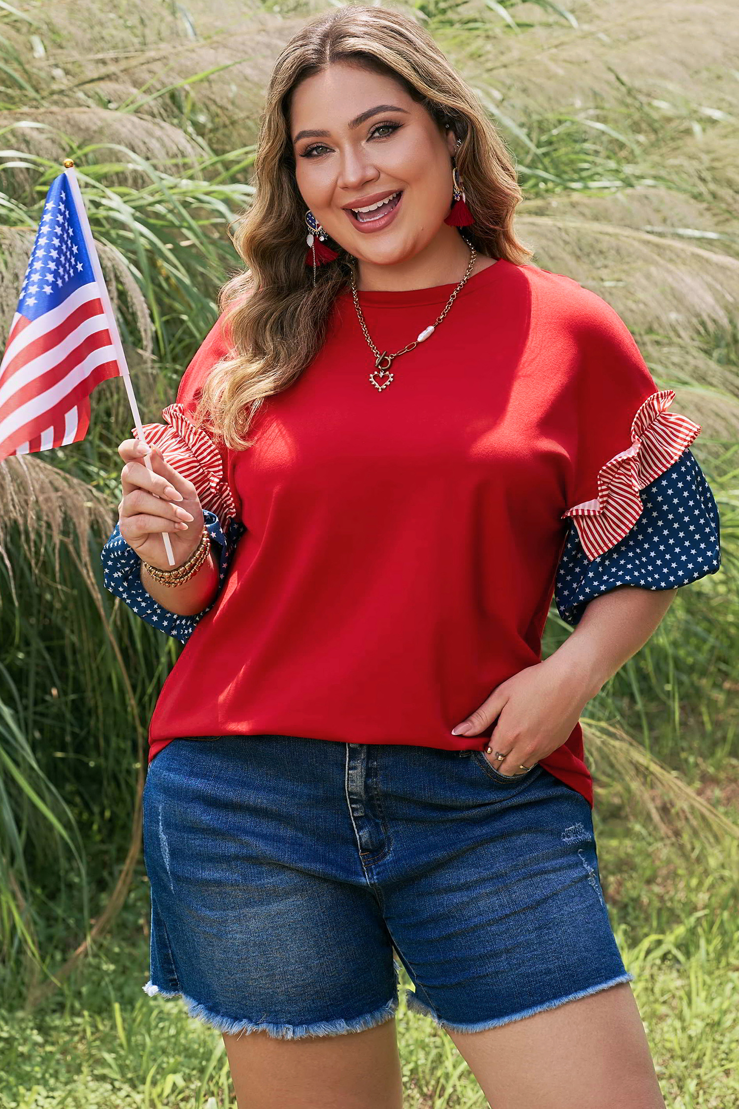Fiery Red Plus Size Striped Ruffles Star Short Bubble Sleeve Patchwork Top - Image 9