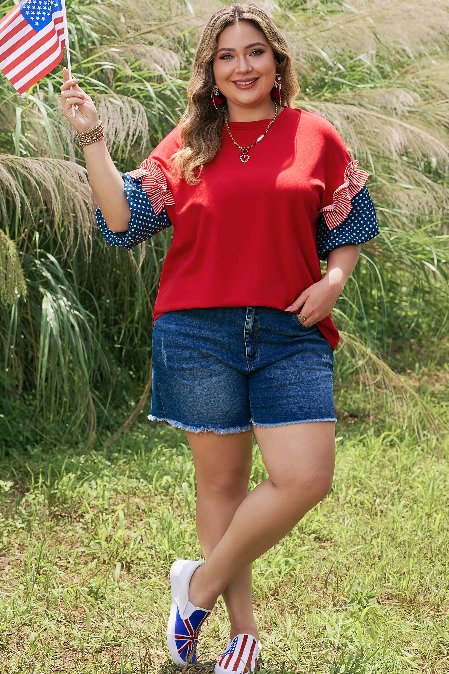 Fiery Red Plus Size Striped Ruffles Star Short Bubble Sleeve Patchwork Top - Image 13