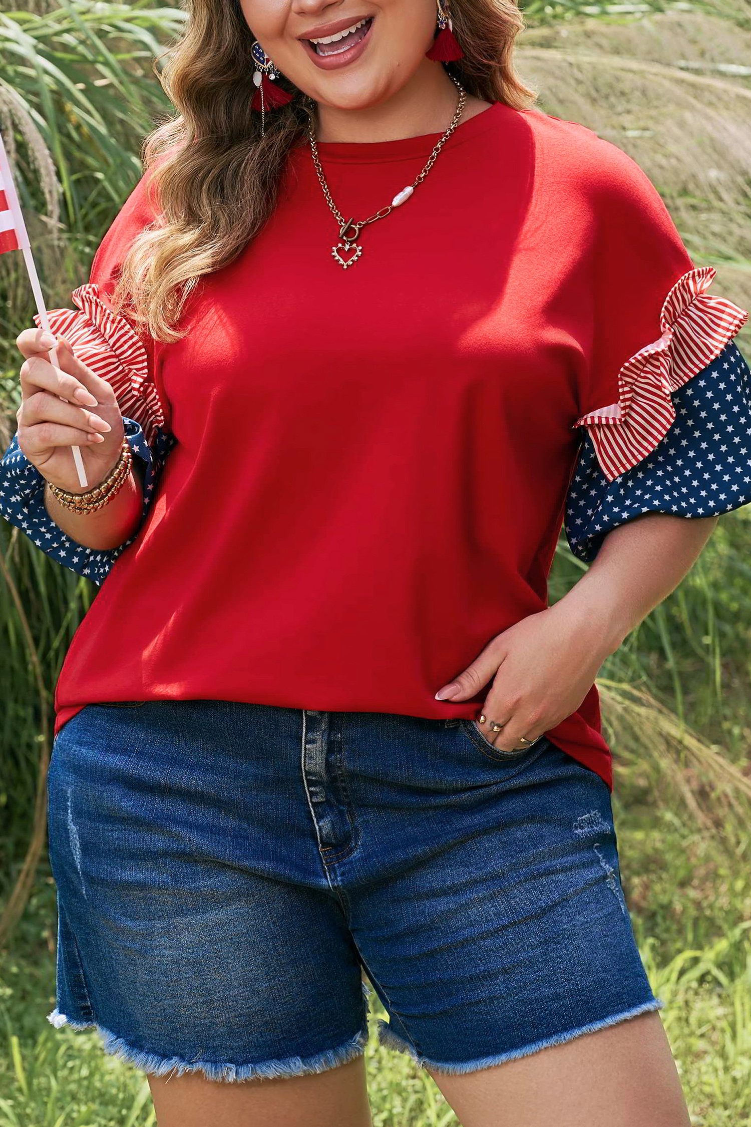 Fiery Red Plus Size Striped Ruffles Star Short Bubble Sleeve Patchwork Top - Image 15
