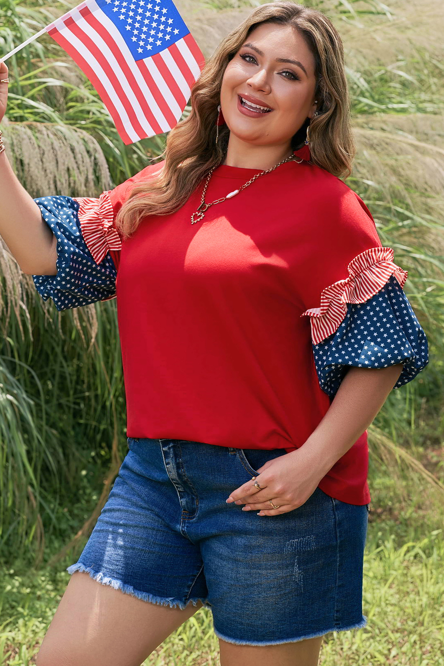 Fiery Red Plus Size Striped Ruffles Star Short Bubble Sleeve Patchwork Top - Image 11